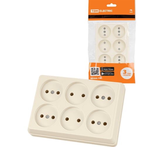 Розетка TDM ELECTRIC шестиместная, 2П, открытой установки, IP20, 10А, слоновая кость, Ладога SQ1801-0244 1