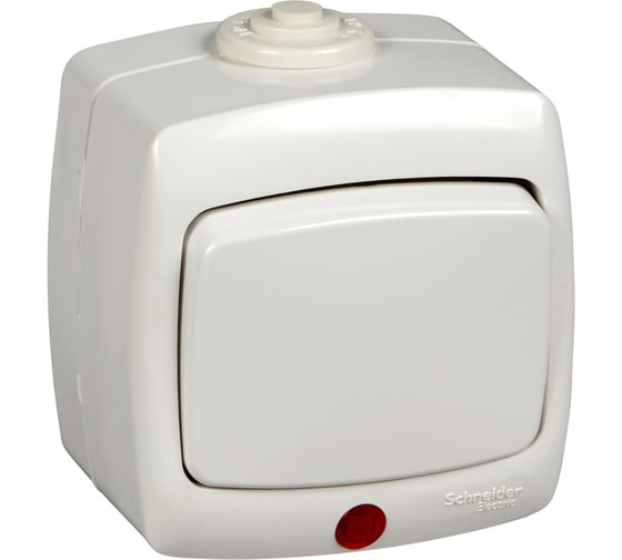 1-клавишный переключатель Schneider Electric открытой проводки Рондо 6А IP44 250В с подсветкой белый VA66-123B-BI