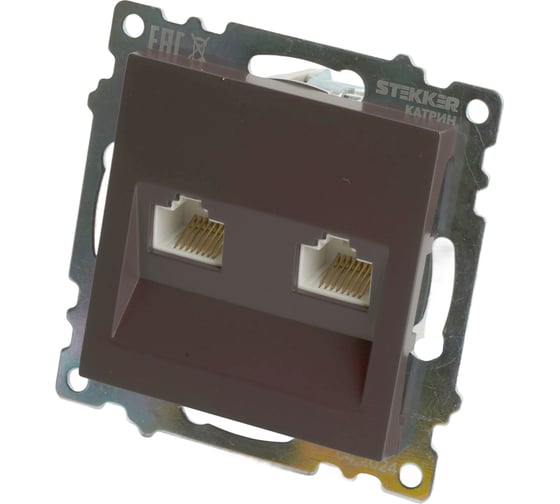 Механизм розетки компьютерной 2-местной STEKKER RJ-45, GLS00-7109-04, серия Катрин, шоколад, 50006