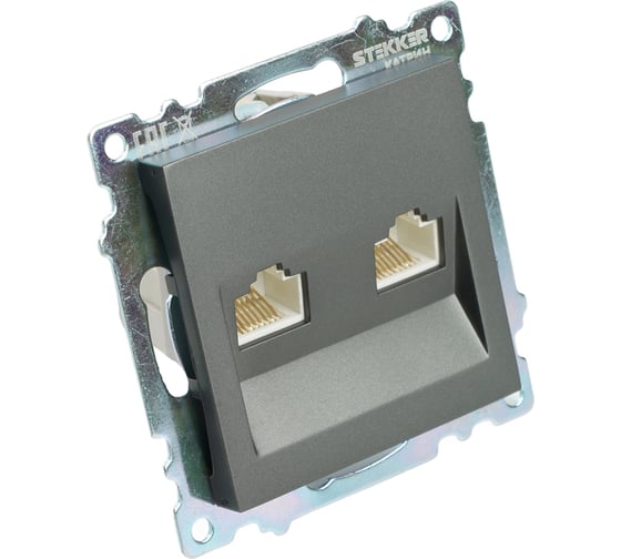 Механизм розетки компьютерной 2-местной STEKKER RJ-45, GLS00-7109-06, серия Катрин, графит, 50008
