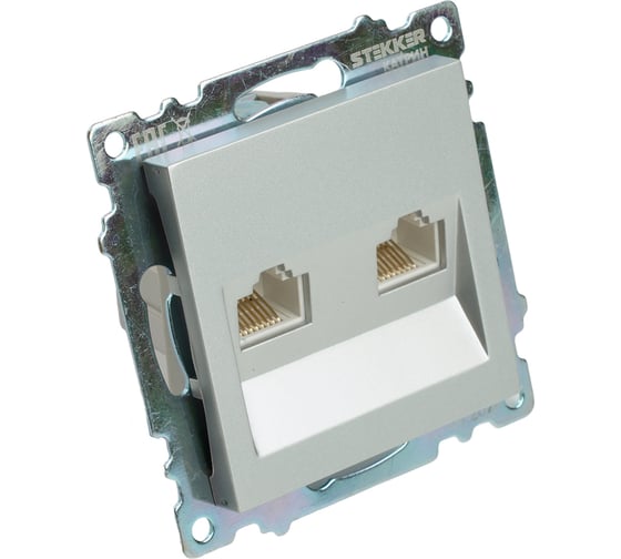 Механизм розетки компьютерной 2-местной STEKKER RJ-45, GLS00-7109-03, серия Катрин, серебро, 50005
