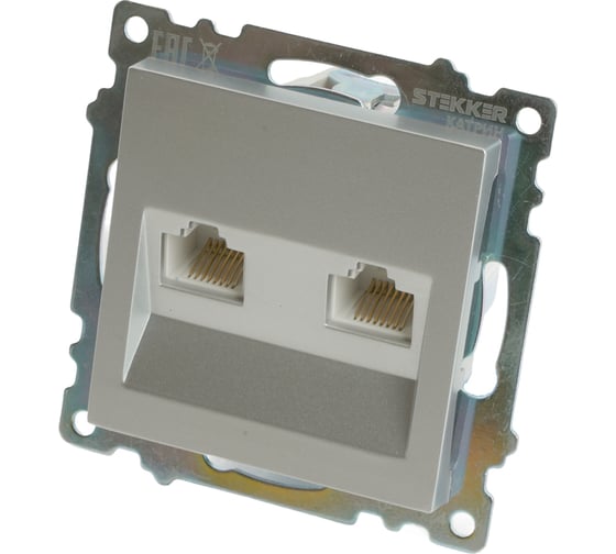 Механизм розетки компьютерной 2-местной STEKKER RJ-45, GLS00-7109-03, серия Катрин, серебро, 50005