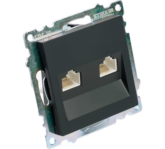 Механизм розетки компьютерной 2-местной STEKKER RJ-45, GLS00-7109-05, серия Катрин, черный, 50007