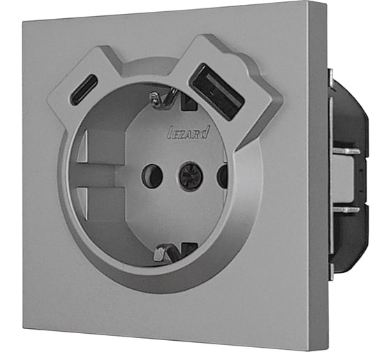 Розетка Lezard ZIMA с заземлением TC + USB разъем, серый матовый 704-7488-181TC