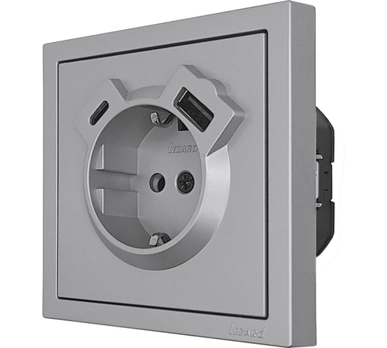 Розетка Lezard ZIMA с заземлением TC + USB разъем, серый матовый 704-7488-181TC