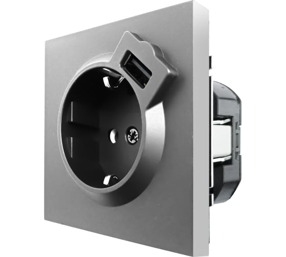 Розетка Lezard ZIMA с заземлением + USB разъем, серый матовый 704-7488-181