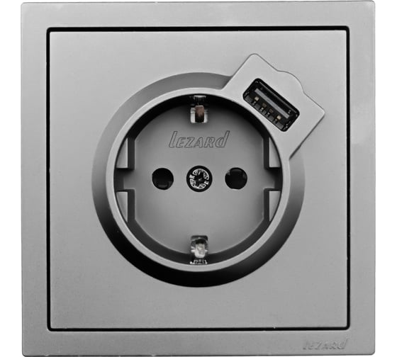 Розетка Lezard ZIMA с заземлением + USB разъем, серый матовый 704-7488-181