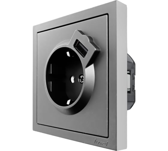 Розетка Lezard ZIMA с заземлением + USB разъем, серый матовый 704-7488-181