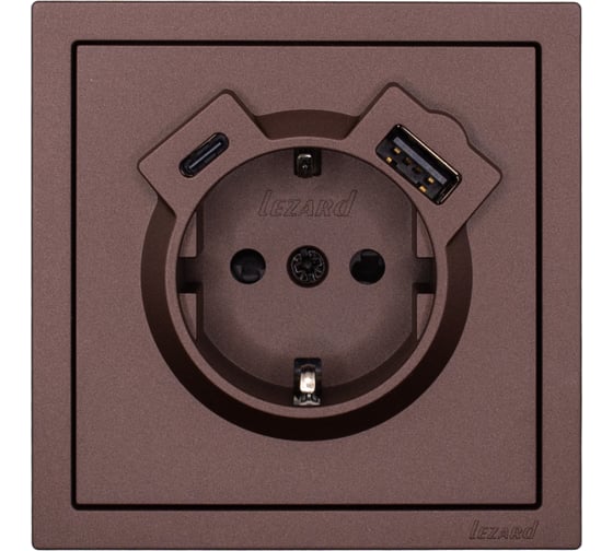 Розетка Lezard ZIMA с заземлением TC + USB разъем, шоколад 704-7388-181TC