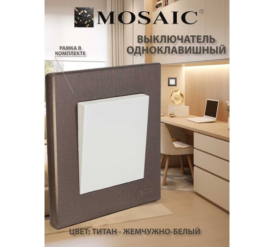 Выключатель Luxar Mosaic с/у 1-кл. белый/титан с рамкой, 250В 10А (20.001.01) 4606400430322