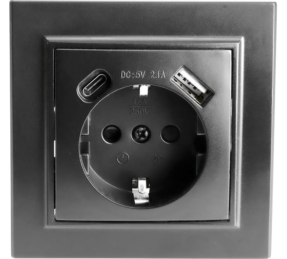 Розетка 1-местная STEKKER с/з, PST16-9016-03, 250В, 16А с USB+ type C, серия Эрна, черный, 50078