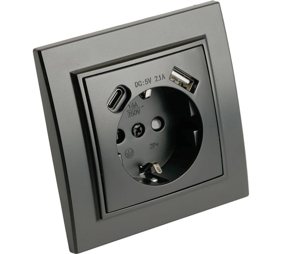 Розетка 1-местная STEKKER с/з, PST16-9016-03, 250В, 16А с USB+ type C, серия Эрна, черный, 50078