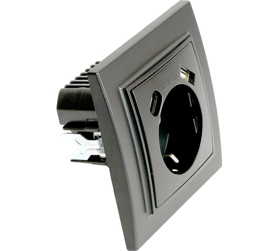 Розетка 1-местная STEKKER с/з, PST16-9016-03, 250В, 16А с USB+ type C, серия Эрна, черный, 50078