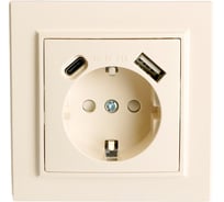 Розетка 1-местная STEKKER с/з, PST16-9016-02, 250В, 16А с USB+ type C, серия Эрна, слоновая кость, 50077