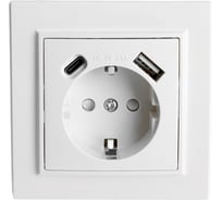 Розетка 1-местная STEKKER PST16-9016-01, 250В, 2.1А с USB+ type C, серия Эрна, белый, 50076