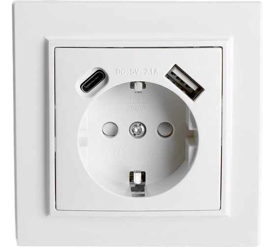 Розетка 1-местная STEKKER PST16-9016-01, 250В, 2.1А с USB+ type C, серия Эрна, белый, 50076