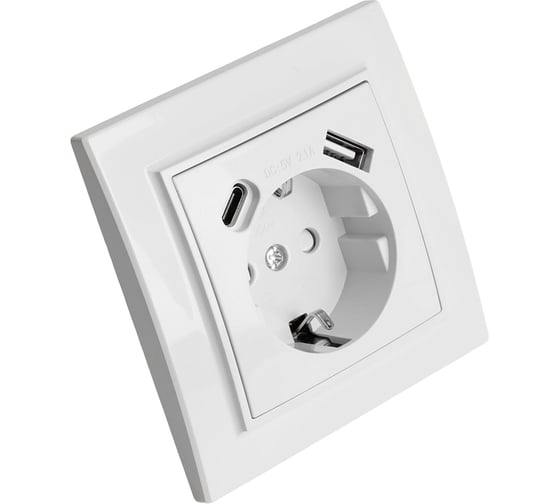 Розетка 1-местная STEKKER PST16-9016-01, 250В, 2.1А с USB+ type C, серия Эрна, белый, 50076