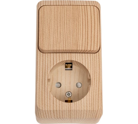 Блок 1-местная розетка + 1-клавишный выключатель Systeme Electric открытой проводки Этюд с заземлением защитные шторки сосна BPA16-201D