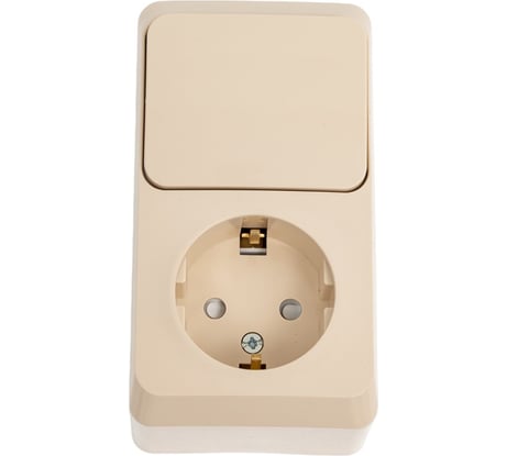 Блок 1-местная розетка + 1-клавишный выключатель Systeme Electric открытой проводки Этюд с заземлением защитные шторки кремовый BPA16-201K