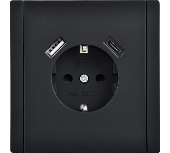 Розетка IEK FORTEPIANO з/к/ш в/к 16А USB A+C 18Вт FP147 черная FP-R14-16-U22-018-K02