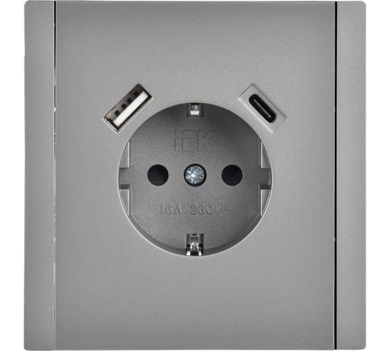 Розетка IEK FORTEPIANO з/к/ш в/к 16А USB A+C 18Вт FP547 сталь FP-R14-16-U22-018-K46