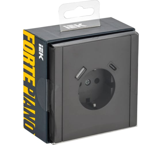 Розетка IEK FORTEPIANO з/к/ш в/к 16А USB A+C 18Вт FP347 серая FP-R14-16-U22-018-K03