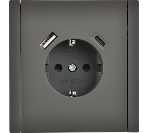 Розетка IEK FORTEPIANO з/к/ш в/к 16А USB A+C 18Вт FP347 серая FP-R14-16-U22-018-K03