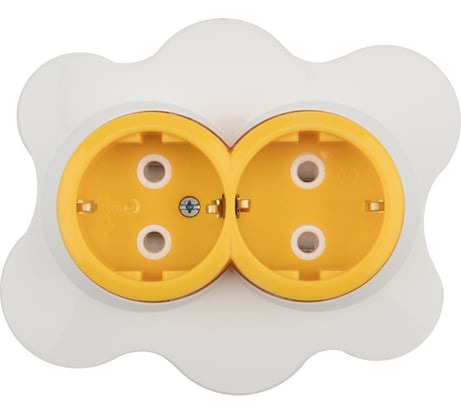 Двойная розетка KRANZ Яичница, с заземлением и защитными шторками, желтая/белая KR-78-0632