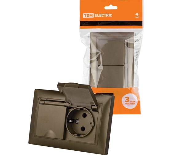 Розетка двойная TDM ELECTRIC 2П+З, 16А, 250В, IP44, с защитными шторками, с крышкой, бронза, Лама TDM SQ1815-0790
