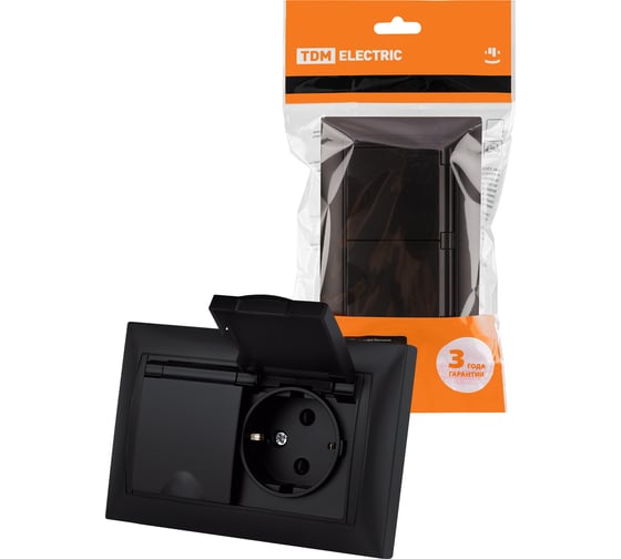 Розетка двойная TDM ELECTRIC 2П+З, 16А, 250В, IP44, с защитными шторками, с крышкой, графит, Лама TDM SQ1815-0670