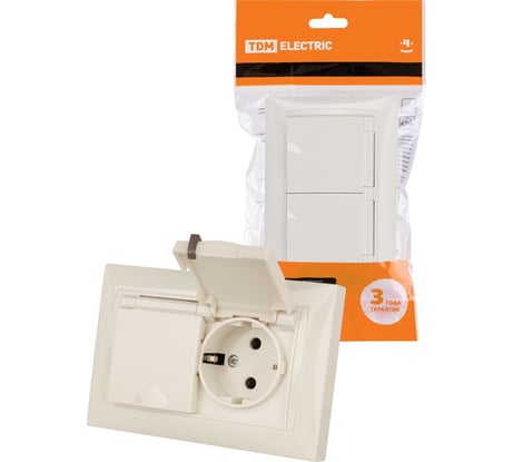 Розетка двойная TDM ELECTRIC 2П+З, 16А, 250В, IP44, с защитными шторками, с крышкой, слоновая кость, Лама TDM SQ1815-0160