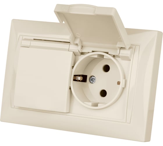 Розетка двойная TDM ELECTRIC 2П+З, 16А, 250В, IP44, с защитными шторками, с крышкой, слоновая кость, Лама TDM SQ1815-0160