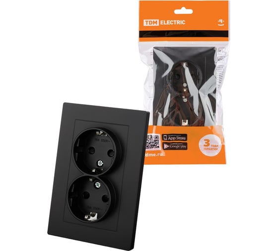 Розетка двойная TDM ELECTRIC 2П+З, 16А, 250В, с защитными шторками, черная, Сенеж TDM SQ1816-0277 1