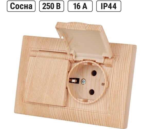 Розетка двойная TDM ELECTRIC 2П+З, 16А, 250В, IP44, с защитными шторками, с крышкой, сосна, Лама TDM SQ1815-0360