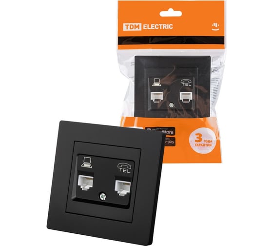 Розетка телефонная + компьютерная TDM ELECTRIC RJ11 + RJ45, черная, Сенеж TDM SQ1816-0327 1