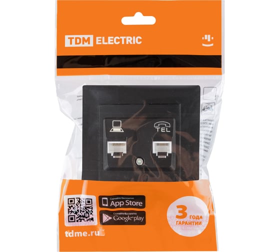 Розетка телефонная + компьютерная TDM ELECTRIC RJ11 + RJ45, черная, Сенеж TDM SQ1816-0327