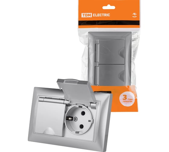 Розетка двойная TDM ELECTRIC 2П+З, 16А, 250В, IP44, с защитными шторками, с крышкой, серебристый металлик, Лама TDM SQ1815-0260