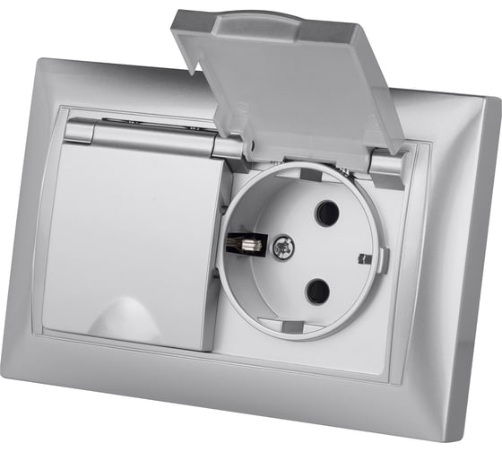 Розетка двойная TDM ELECTRIC 2П+З, 16А, 250В, IP44, с защитными шторками, с крышкой, серебристый металлик, Лама TDM SQ1815-0260