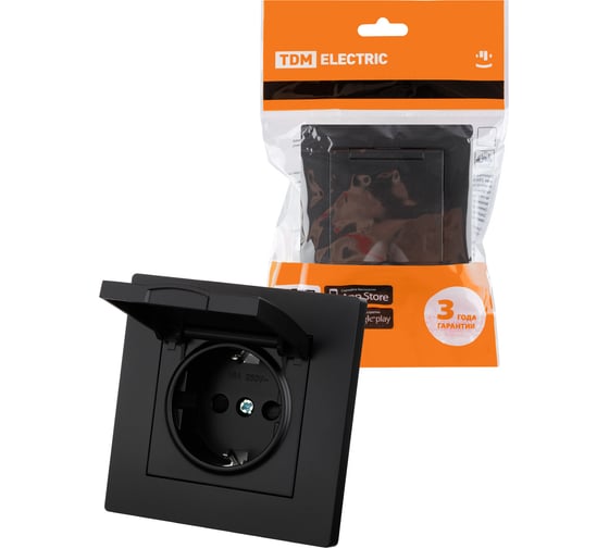 Розетка TDM ELECTRIC 2П+З 16А 250В IP44 с защ. шт. с крышкой черная Сенеж TDM SQ1816-0279