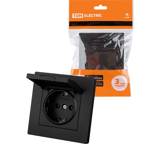 Розетка TDM ELECTRIC 2П+З 16А 250В IP44 с крышкой черная Сенеж TDM SQ1816-0278