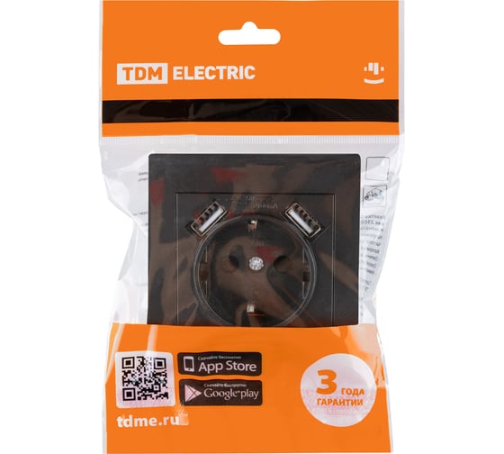 Розетка TDM ELECTRIC 2П+З 16А 250В + 2 USB порта 2,1А 5В черная Сенеж TDM SQ1816-0283