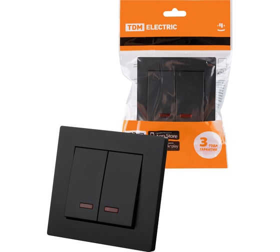 Выключатель TDM ELECTRIC 2 клавишный с подсветкой 10А черный Сенеж TDM SQ1816-0305 1