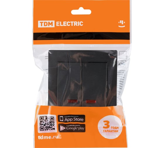 Выключатель TDM ELECTRIC 2 клавишный с подсветкой 10А черный Сенеж TDM SQ1816-0305