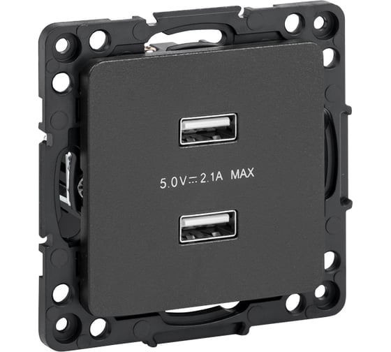 Механизм розетки EKF Стокгольм, USB, 2-местная, 2,1А, черный, PROxima EZR16-028-10-2USB