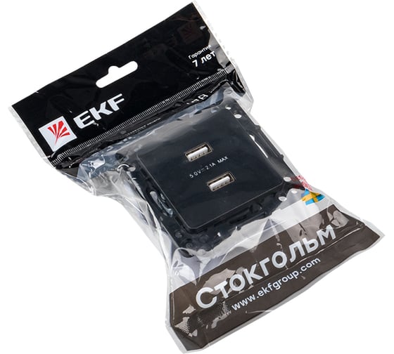 Механизм розетки EKF Стокгольм, USB, 2-местная, 2,1А, черный, PROxima EZR16-028-10-2USB