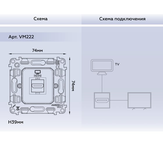 Механизм розетки Ambrella VOLT HDMI 2.0 40V/500mA 2.0GHz 5-18Gbit/s VM222