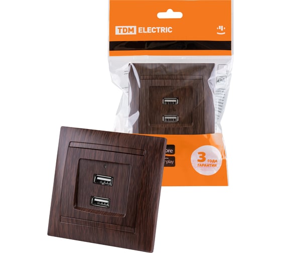Розетка TDM ELECTRIC 2USB порт 2,1А 5В венге Лама TDM SQ1815-0441 1