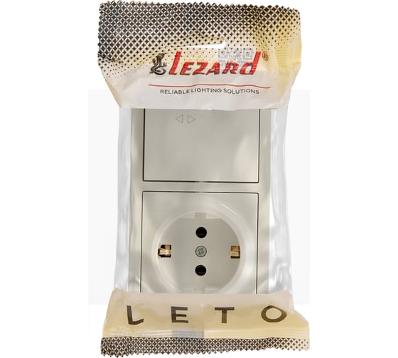 Выключатель проходной и розетка Lezard LETO с заземлением, крем, горизонтальный 752-0300-170BVP