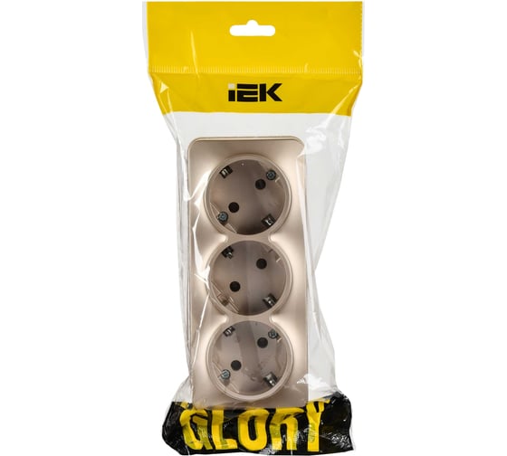 Розетка 3-я IEK GLORY с заземляющим контактом, без защитных шторок, открытой установки, 16А, РС23-3-ХШм, шампань матовый ERH31-K37M-16