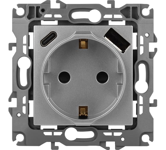 Розетка ЭРА Серия 12 12-4108-03 2PE 16A250В со шторками с USB typeAC 5В3А алюминий Б0067716 1